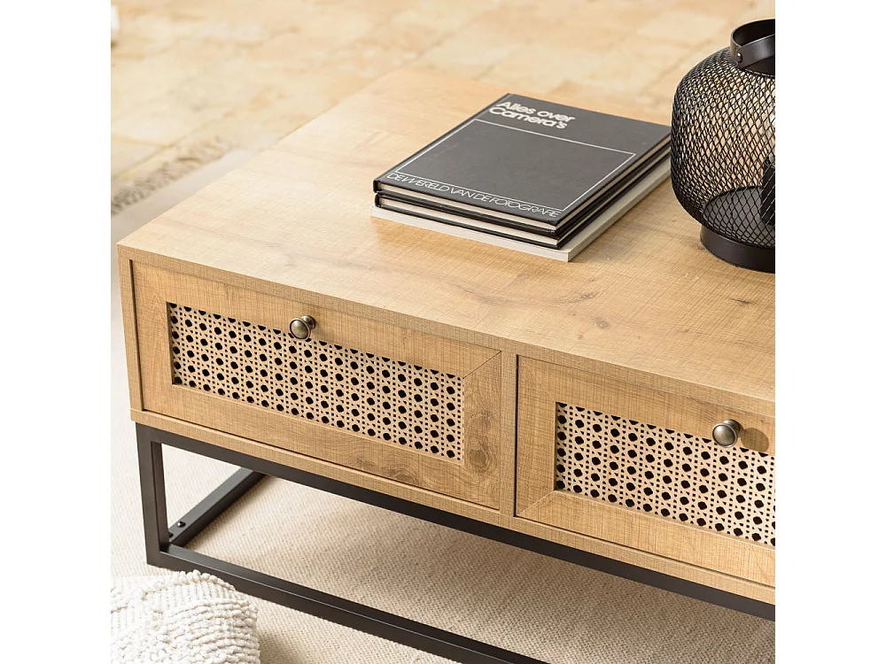 CHARLIE - Table basse bois 4 tiroirs effet cannagemarron