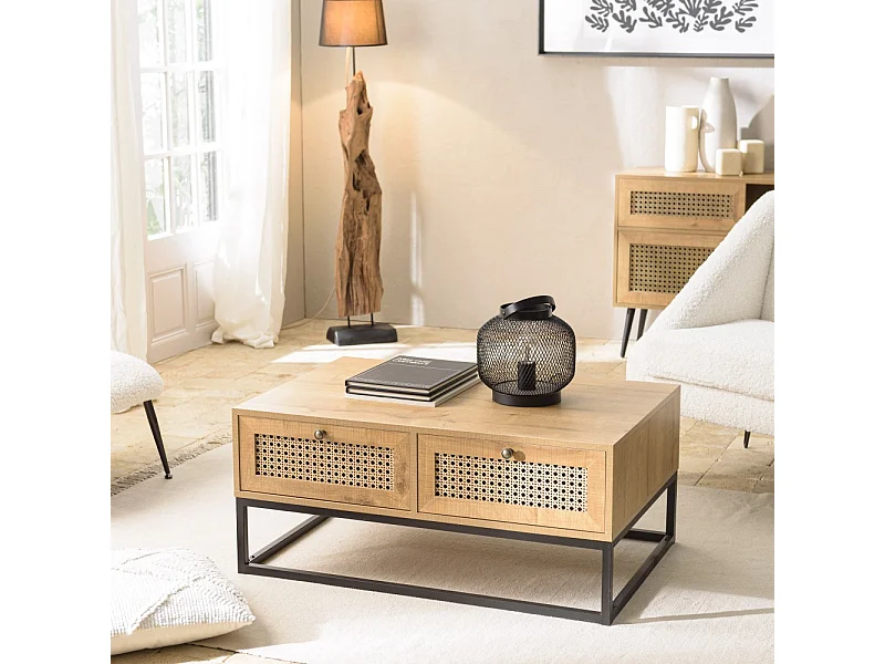 CHARLIE - Table basse bois 4 tiroirs effet cannagemarron