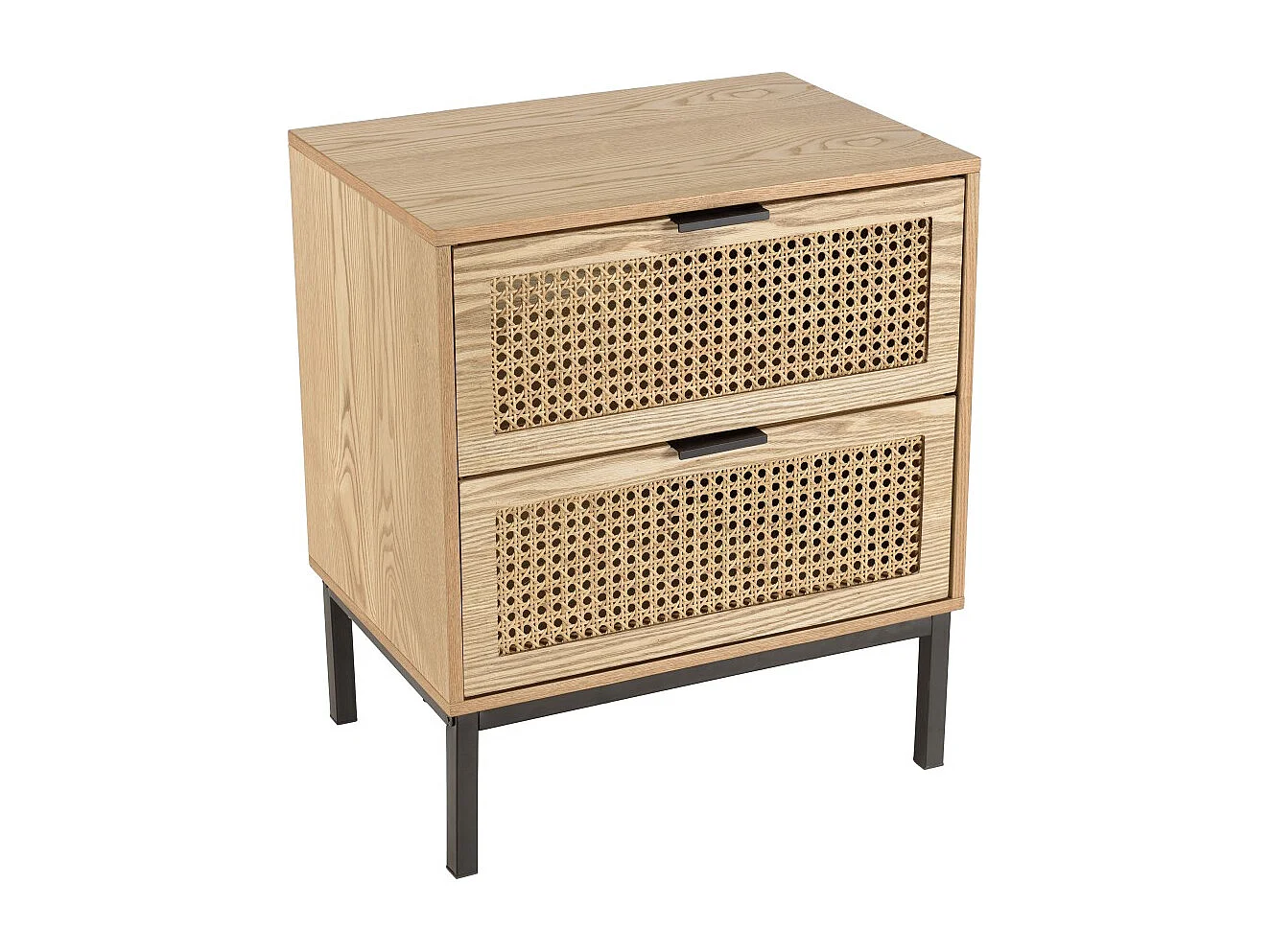 MARCEAU - Table de chevet en bois 2 tiroirs cannage pieds noir