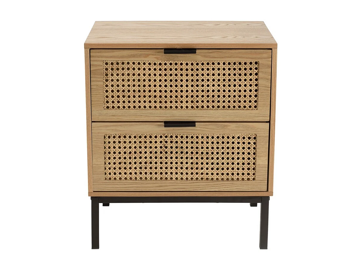 MARCEAU - Table de chevet en bois 2 tiroirs cannage pieds noir