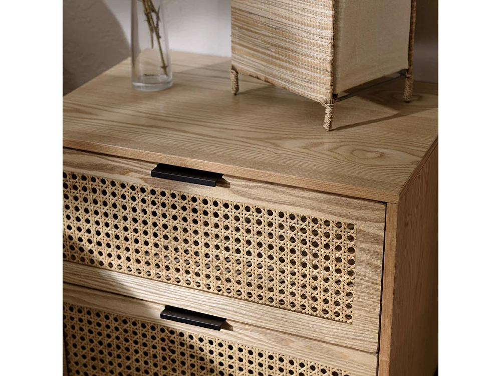 MARCEAU - Table de chevet en bois 2 tiroirs cannage pieds noir