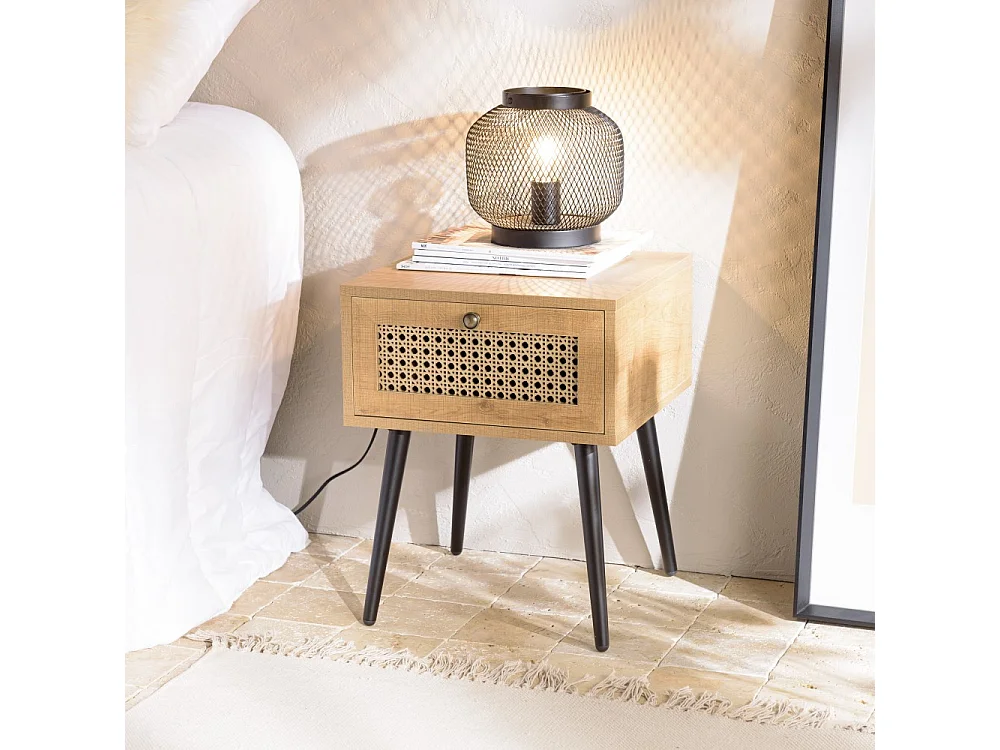 CHARLIE - Table de chevet bois 1 tiroir effet cannage marron