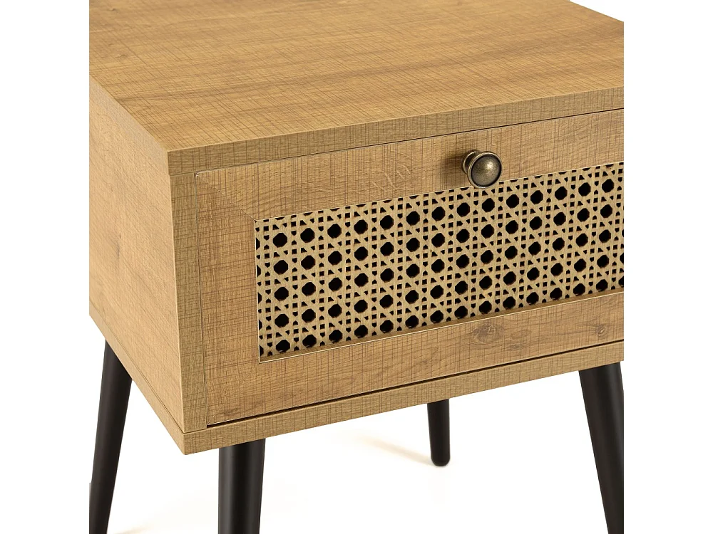 CHARLIE - Table de chevet bois 1 tiroir effet cannage marron