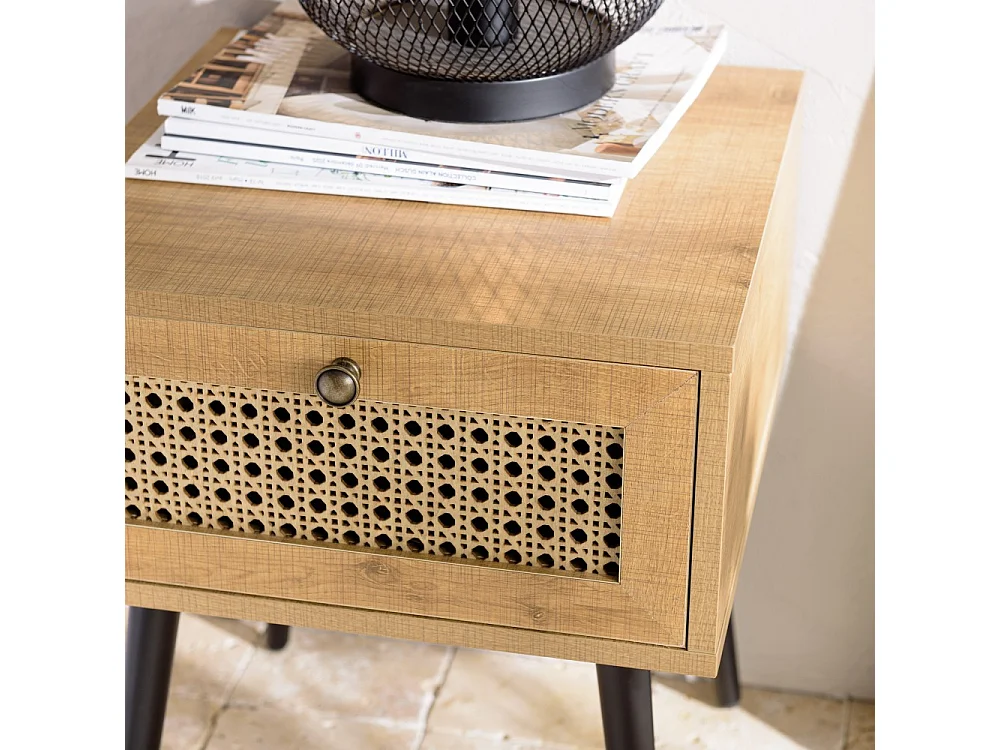CHARLIE - Table de chevet bois 1 tiroir effet cannage marron