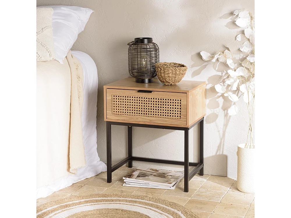 MARCEAU - Table de chevet en bois 1 tiroir cannage naturel pieds métal