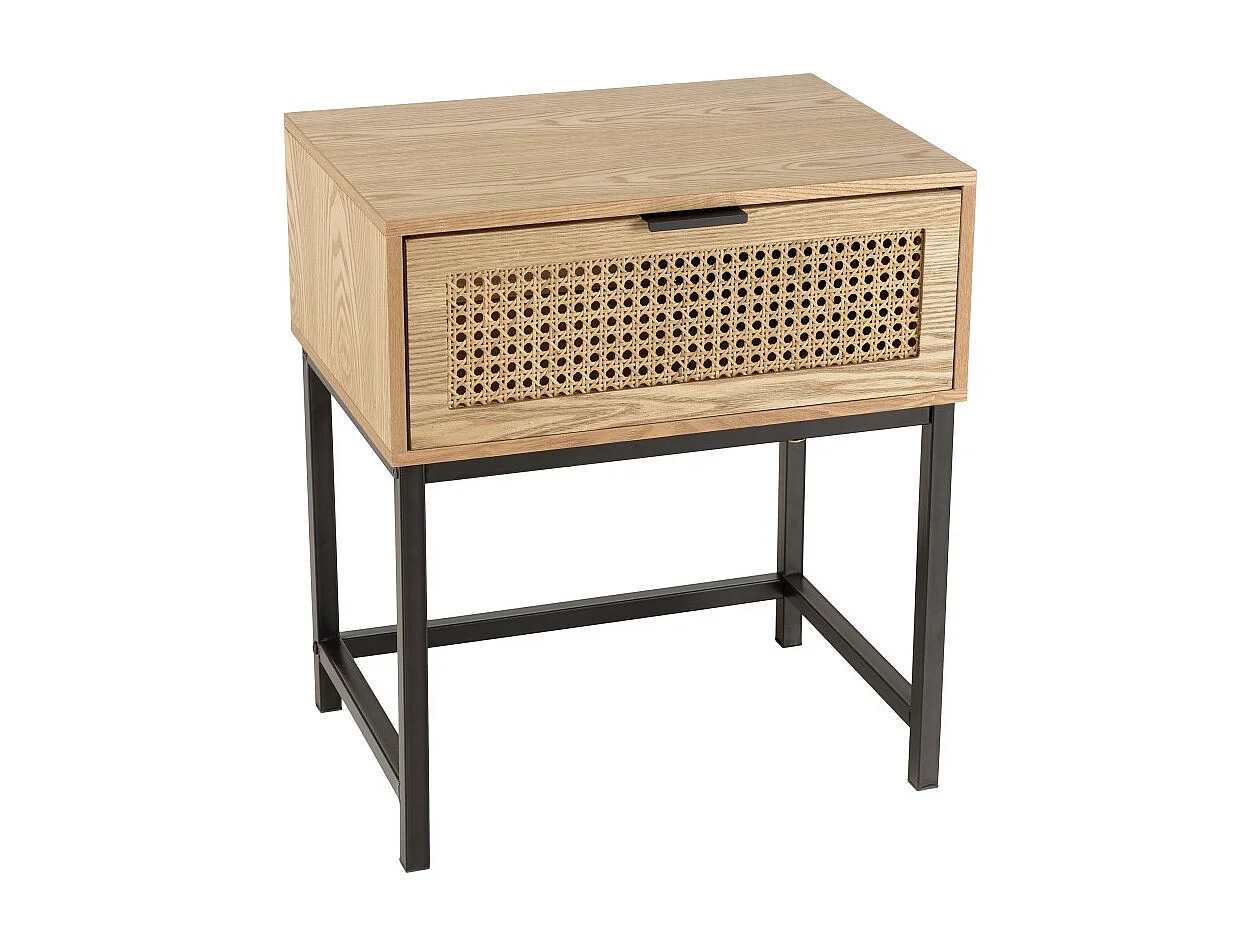 MARCEAU - Table de chevet en bois 1 tiroir cannage naturel pieds métal