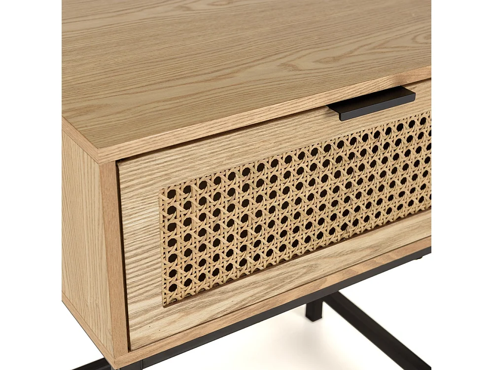 MARCEAU - Table de chevet en bois 1 tiroir cannage naturel pieds métal