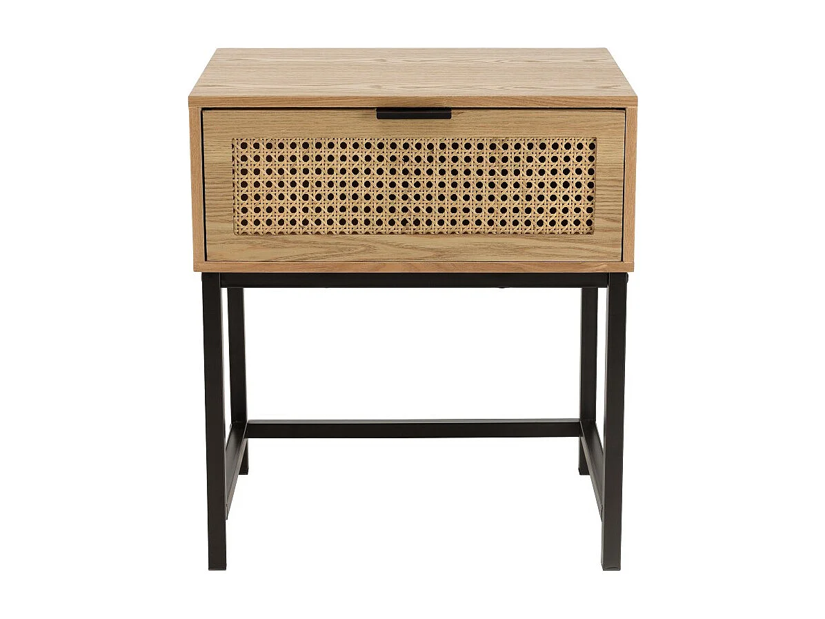 MARCEAU - Table de chevet en bois 1 tiroir cannage naturel pieds métal