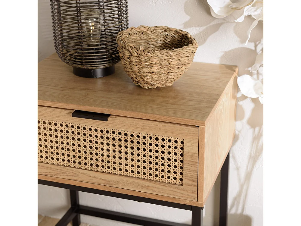 MARCEAU - Table de chevet en bois 1 tiroir cannage naturel pieds métal