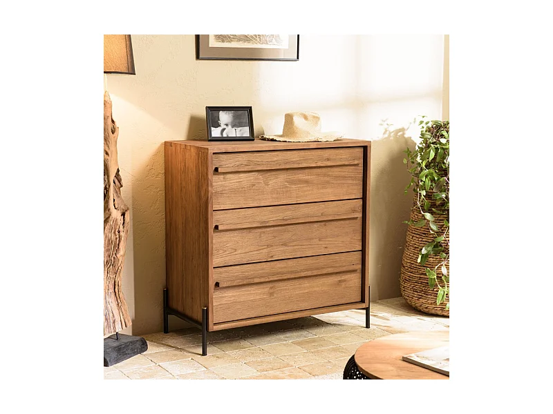 SIXTINE - Commode 3 tiroirs bois de teck recyclé pieds en métal noir