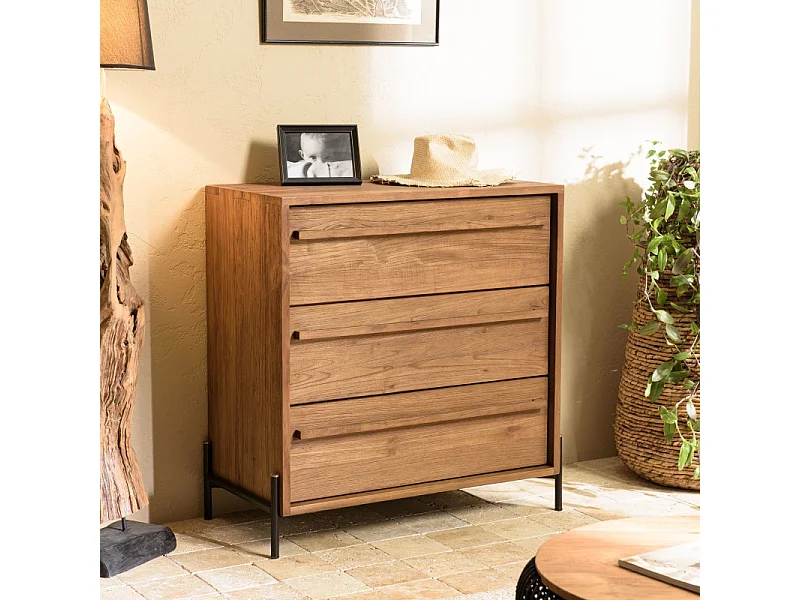 SIXTINE - Commode 3 tiroirs bois de teck recyclé pieds en métal noir