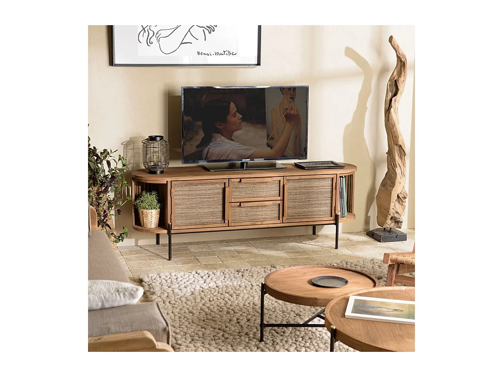SIXTINE - Meuble TV arrondi en bois de teck recyclé 2 portes 2 tiroirs