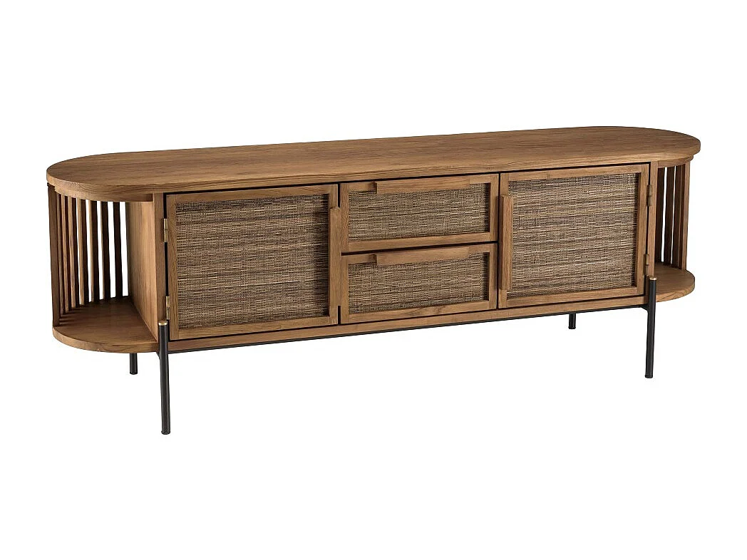 SIXTINE - Meuble TV arrondi en bois de teck recyclé 2 portes 2 tiroirs