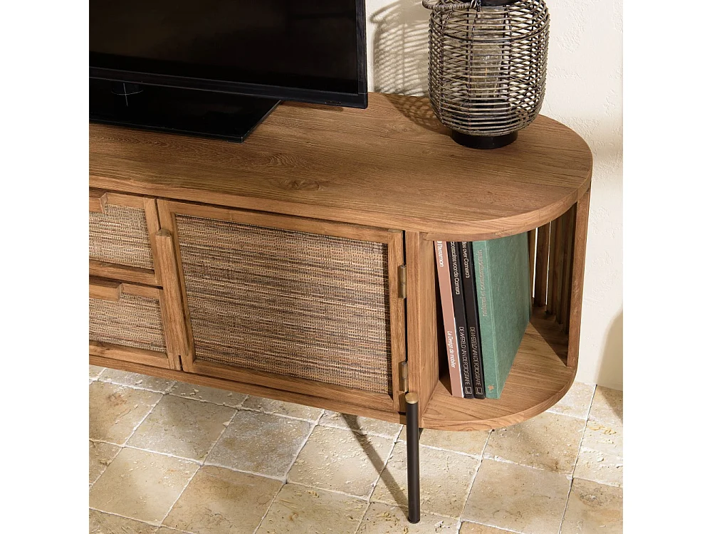SIXTINE - Meuble TV arrondi en bois de teck recyclé 2 portes 2 tiroirs