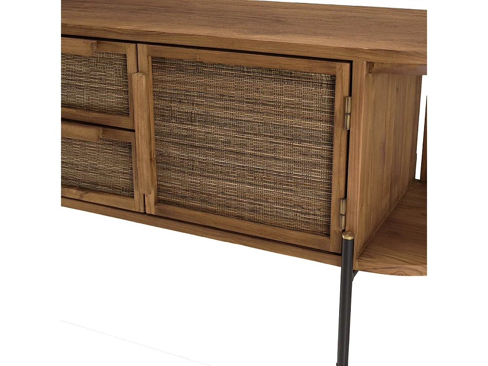 SIXTINE - Meuble TV arrondi en bois de teck recyclé 2 portes 2 tiroirs