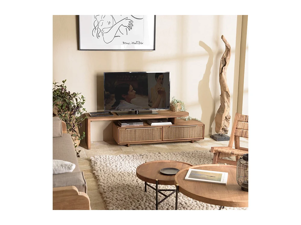 SIXTINE - Meuble TV modulable 140x40cm 2 tiroirs en bois teck recyclé