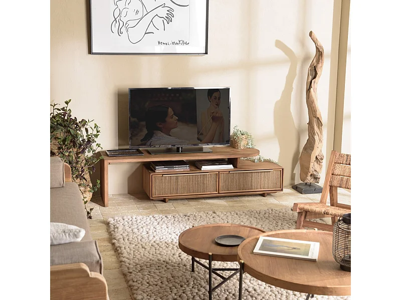SIXTINE - Meuble TV modulable 140x40cm 2 tiroirs en bois teck recyclé