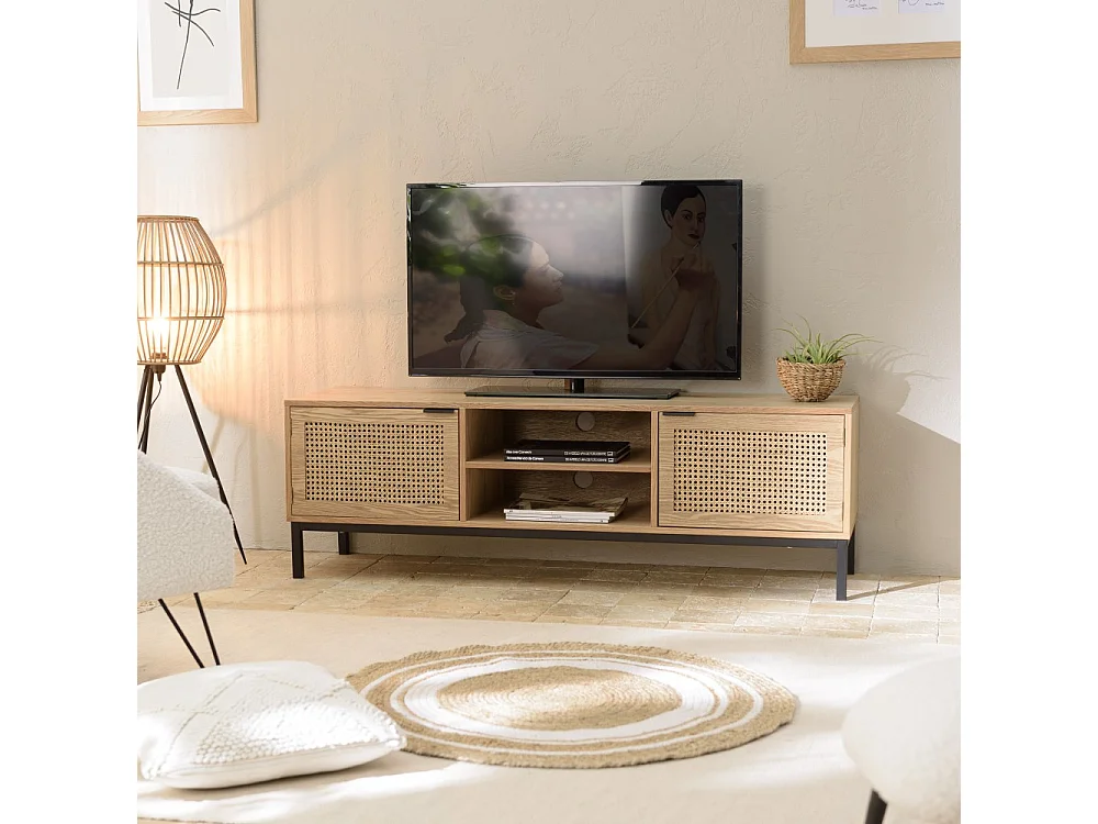 MARCEAU - Meuble TV en bois 2 portes cannage naturel pieds métal noir