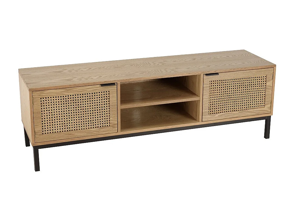 MARCEAU - Meuble TV en bois 2 portes cannage naturel pieds métal noir