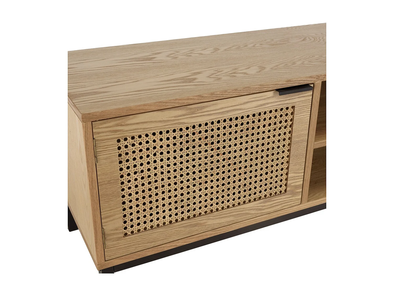 MARCEAU - Meuble TV en bois 2 portes cannage naturel pieds métal noir