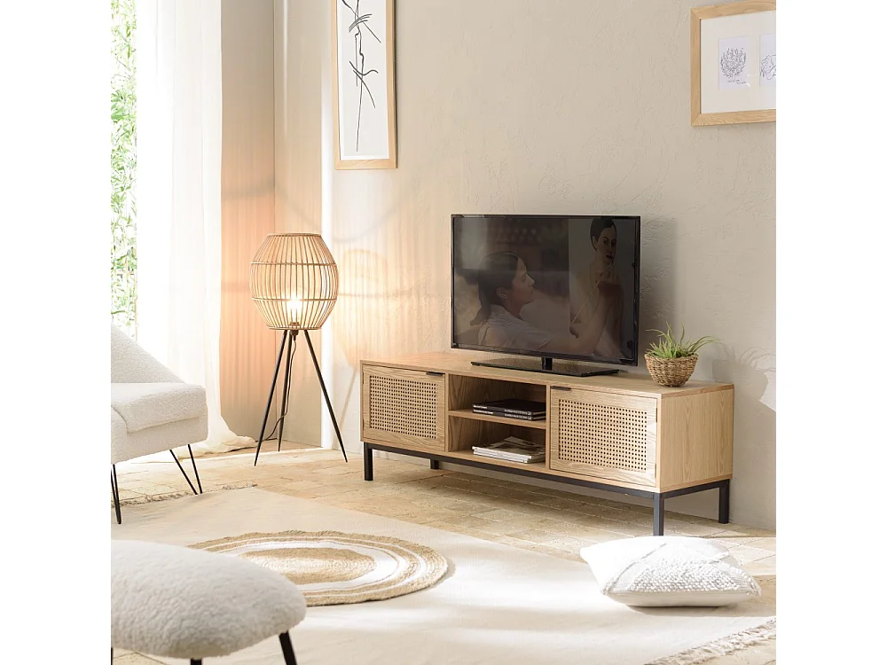 MARCEAU - Meuble TV en bois 2 portes cannage naturel pieds métal noir