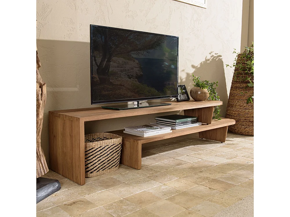SIXTINE - Meuble TV modulable 160x40cm en bois de teck recyclé naturel