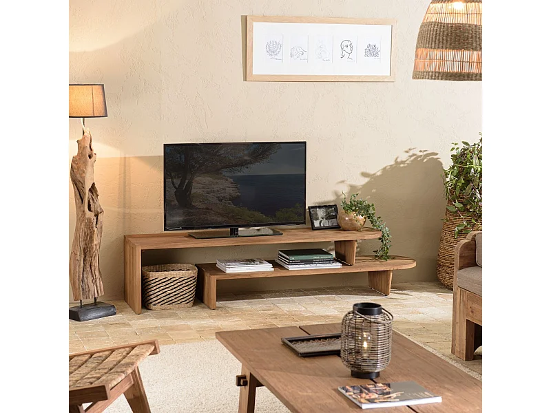 SIXTINE - Meuble TV modulable 160x40cm en bois de teck recyclé naturel