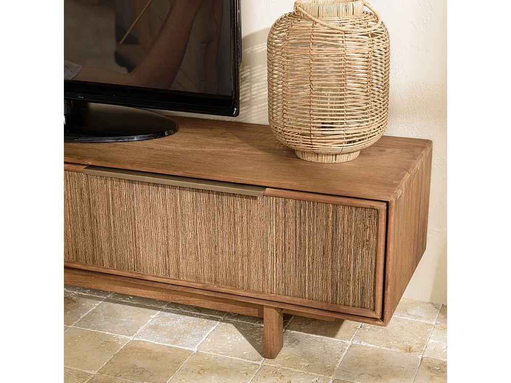 SIXTINE - Meuble TV 2 tiroirs en bois teck recyclé et tissage naturel