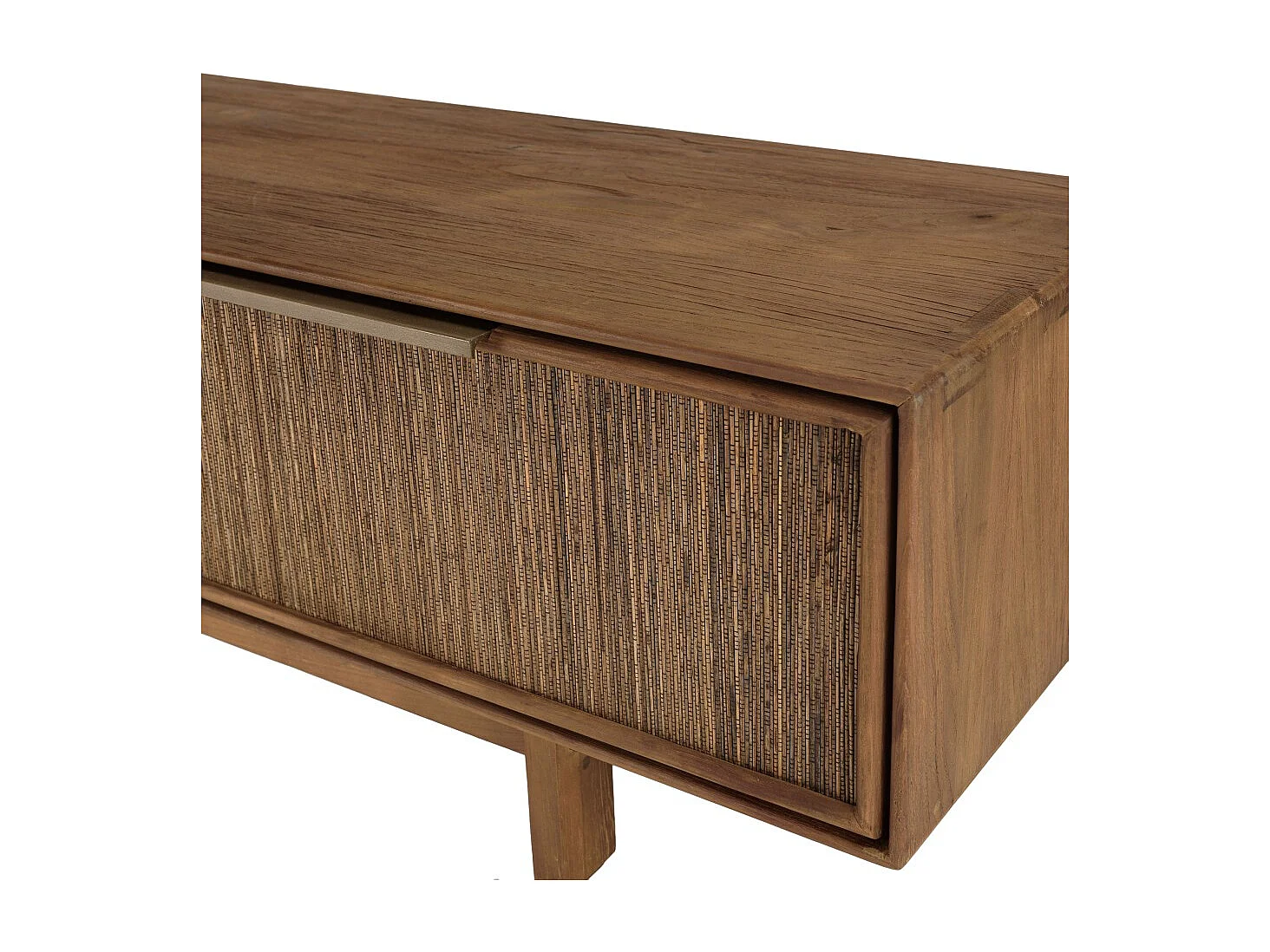 SIXTINE - Meuble TV 2 tiroirs en bois teck recyclé et tissage naturel