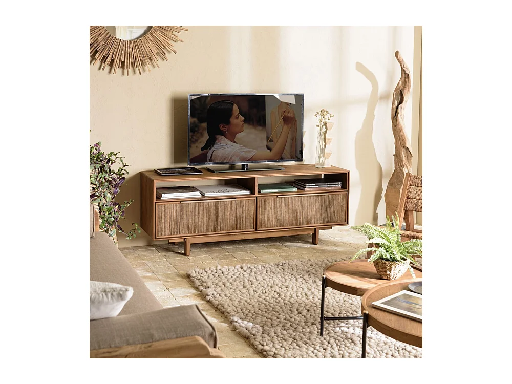 SIXTINE - Meuble TV 2 tiroirs 2 niches en bois de teck recyclé