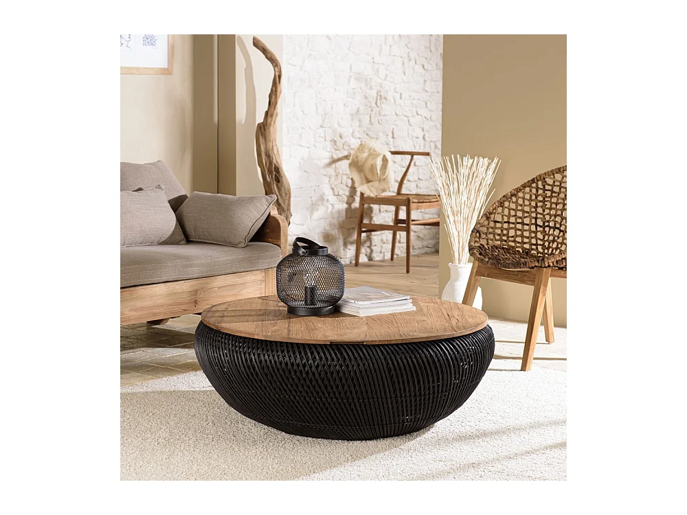 SIXTINE - Table basse ronde 100x100cm en rotin noir plateau amovible