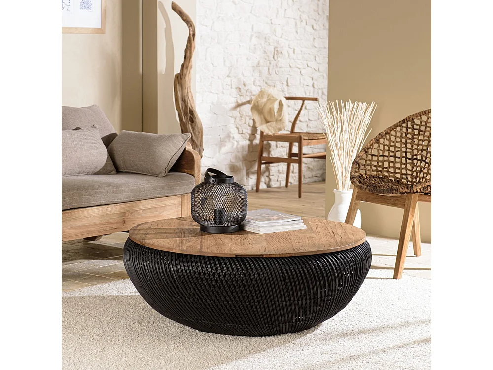 SIXTINE - Table basse ronde diam100 rotin noir plateau bois teck recyclé