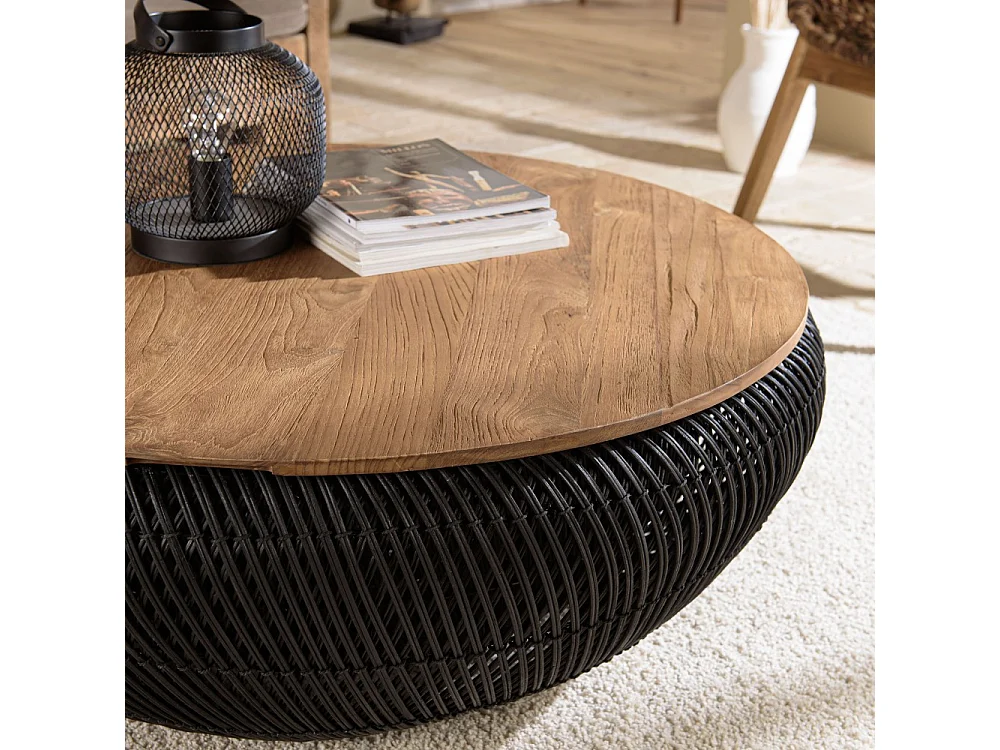 SIXTINE - Table basse ronde diam100 rotin noir plateau bois teck recyclé
