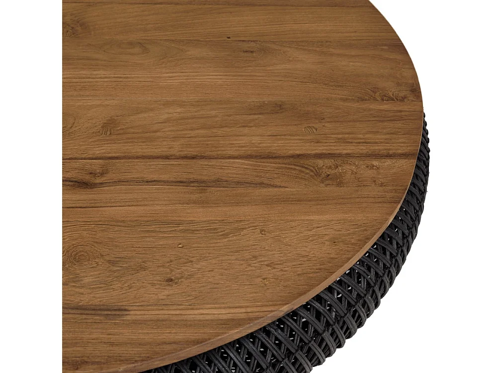 SIXTINE - Table basse ronde diam100 rotin noir plateau bois teck recyclé