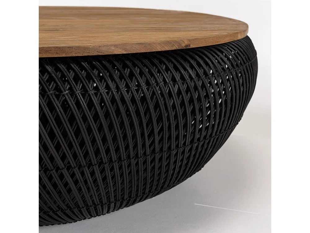 SIXTINE - Table basse ronde diam100 rotin noir plateau bois teck recyclé