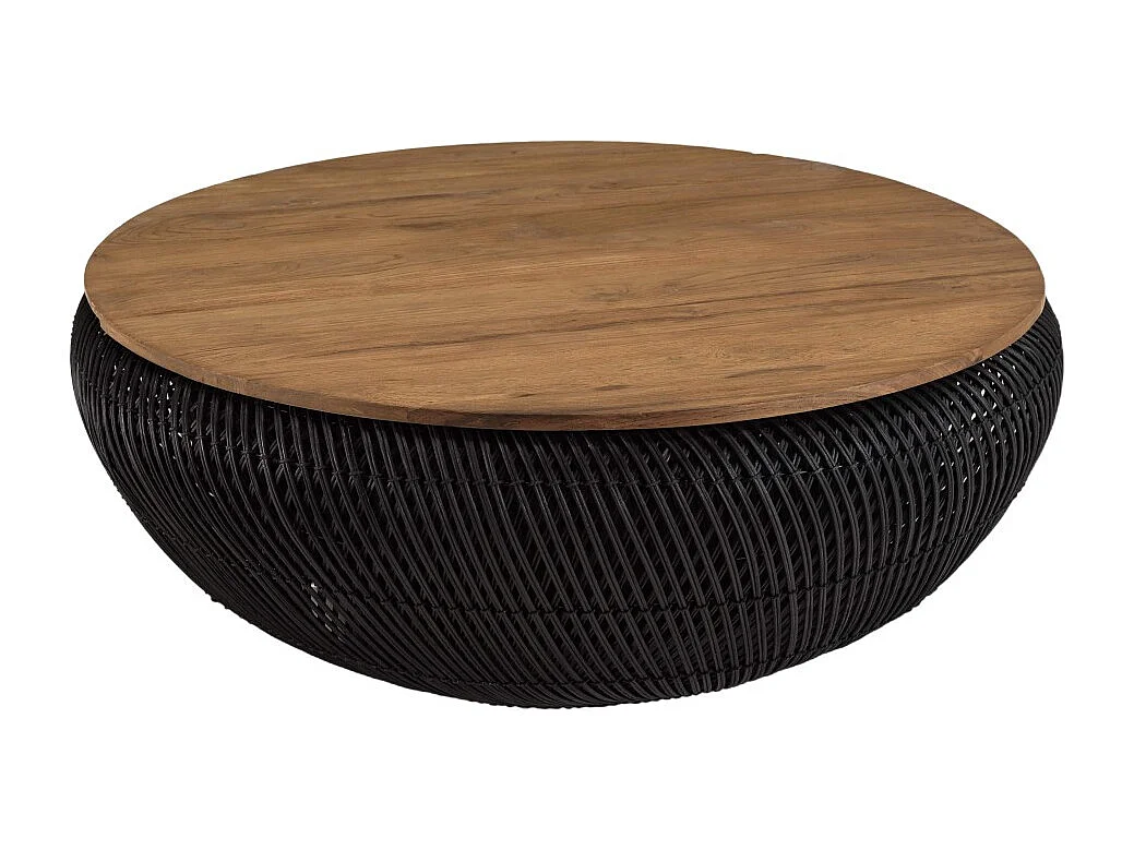 SIXTINE - Table basse ronde diam100 rotin noir plateau bois teck recyclé