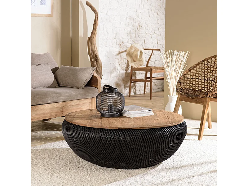 SIXTINE - Table basse ronde diam100 rotin noir plateau bois teck recyclé