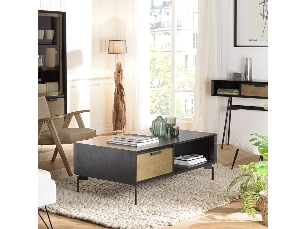 ALMA - Table basse noire 1 niche 2 tiroirs marron foncé pieds métal