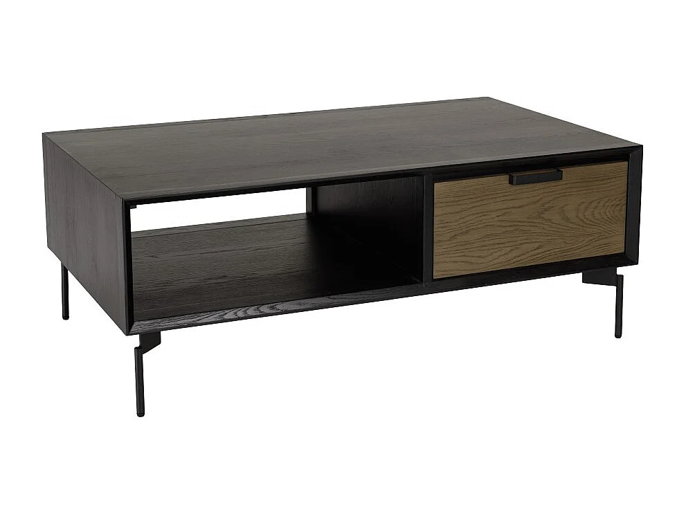 ALMA - Table basse noire 1 niche 2 tiroirs marron foncé pieds métal