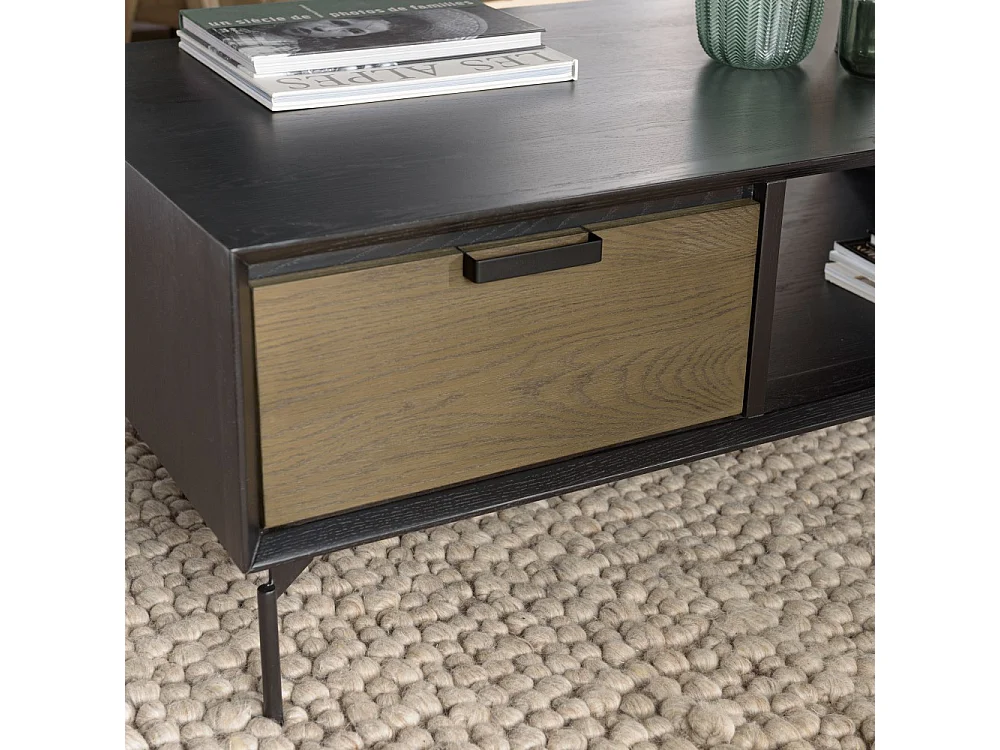 ALMA - Table basse noire 1 niche 2 tiroirs marron foncé pieds métal