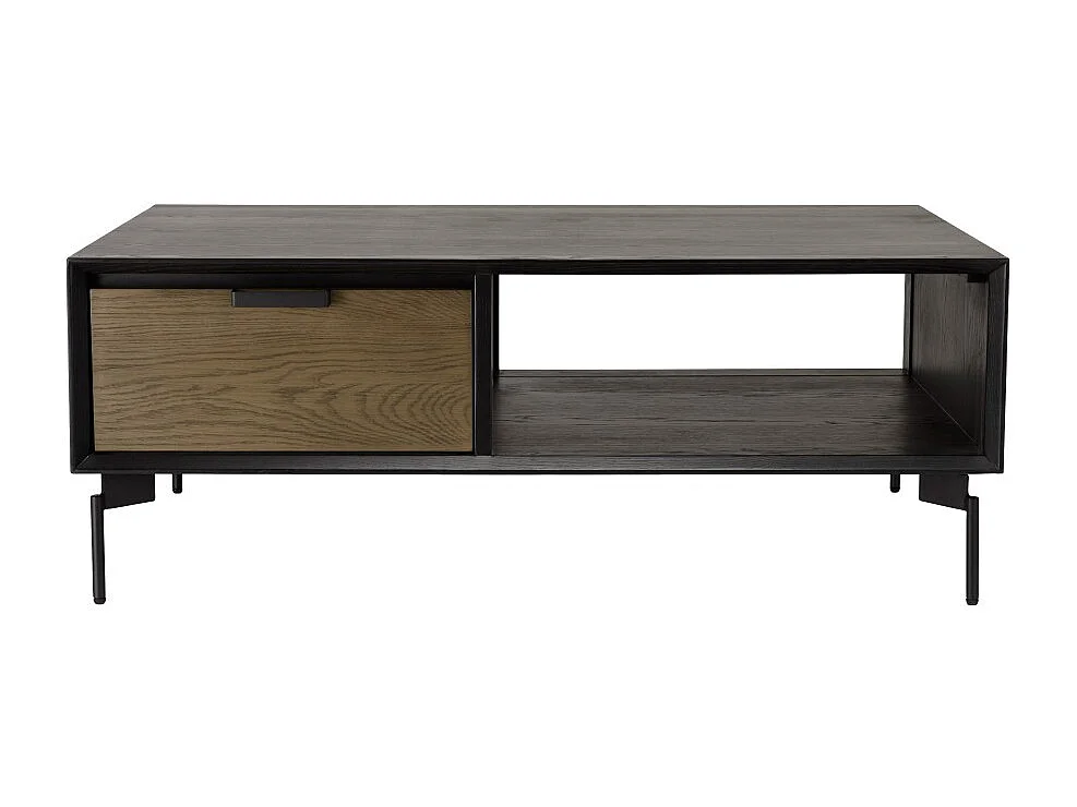 ALMA - Table basse noire 1 niche 2 tiroirs marron foncé pieds métal