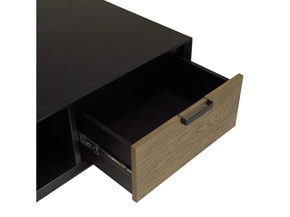 ALMA - Table basse noire 1 niche 2 tiroirs marron foncé pieds métal