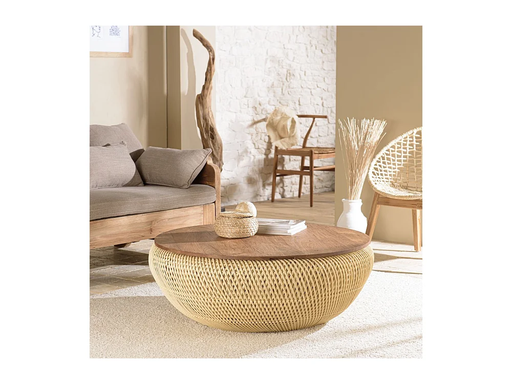SIXTINE - Table basse ronde 100x100cm en rotin beige plateau amovible