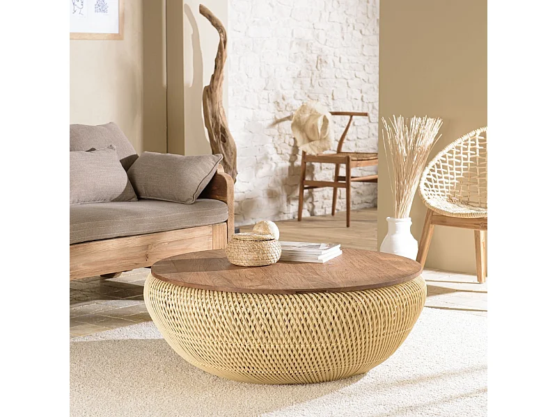 SIXTINE - Table basse ronde diam 100 en rotin beige bois teck recyclé