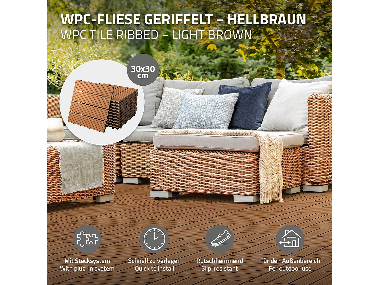 WPC Carreaux 30x30 cm 22 Pièces par 2m² avec Aspect Bois Marron Clair ECD Germany