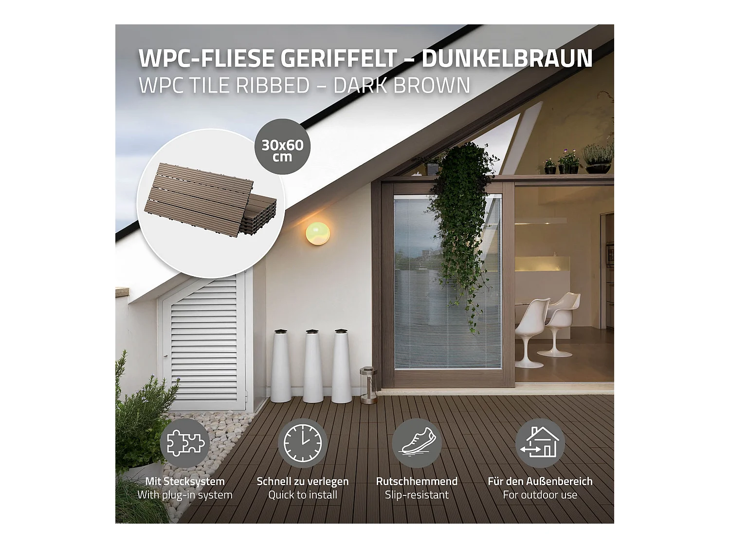 Pack de 3 panneaux de sol en WPC 60x30 brun foncé ECD Germany