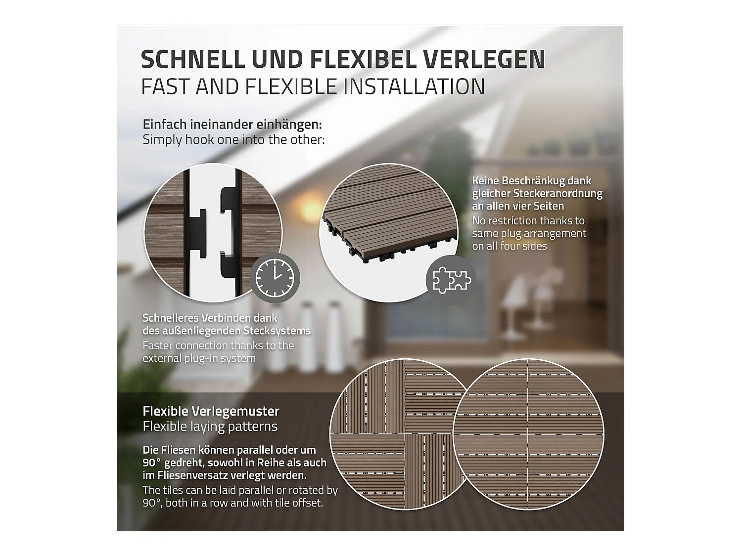 Pack de 3 panneaux de sol en WPC 60x30 brun foncé ECD Germany