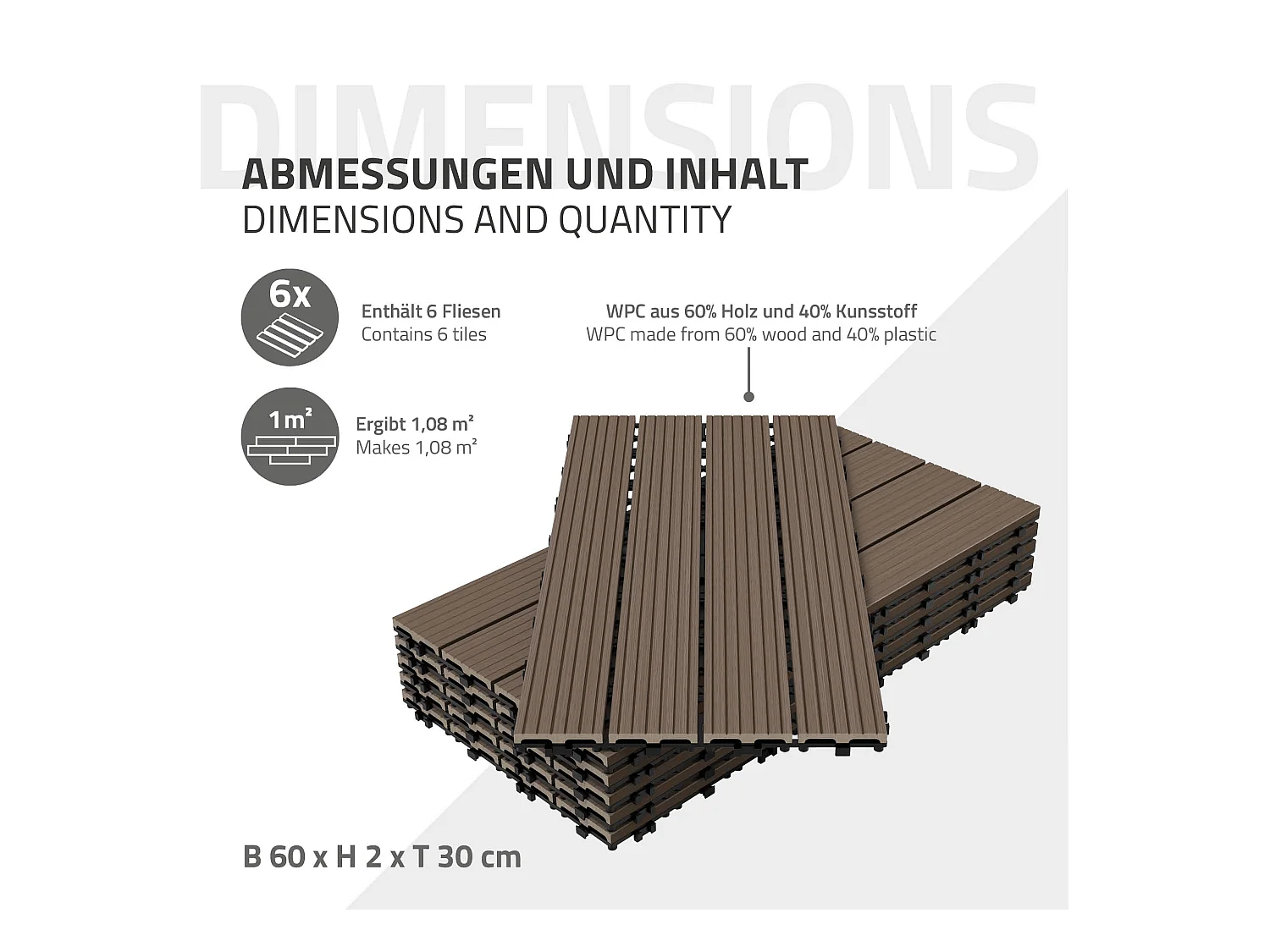 Confezione da 3 pannelli per pavimenti in WPC 60x30 marrone ECD Germany