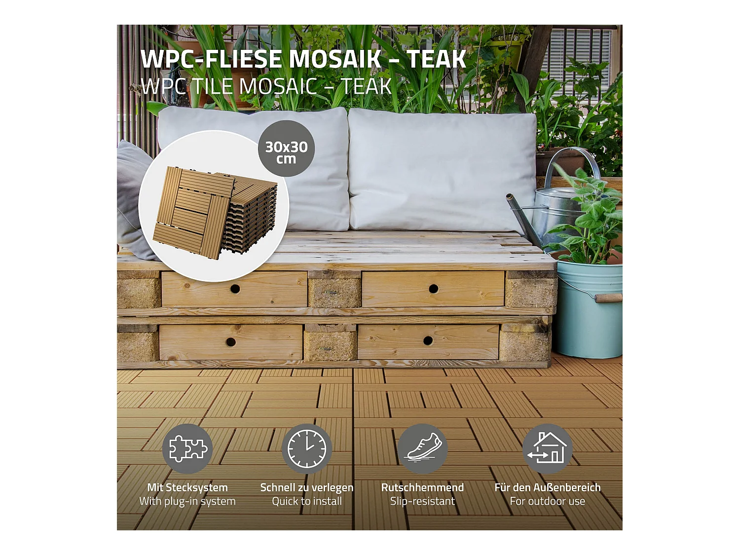 WPC Carreaux de Terrasse 30x30 cm 55 Pièces par 5m² avec Aspect Mosaïque ECD Germany