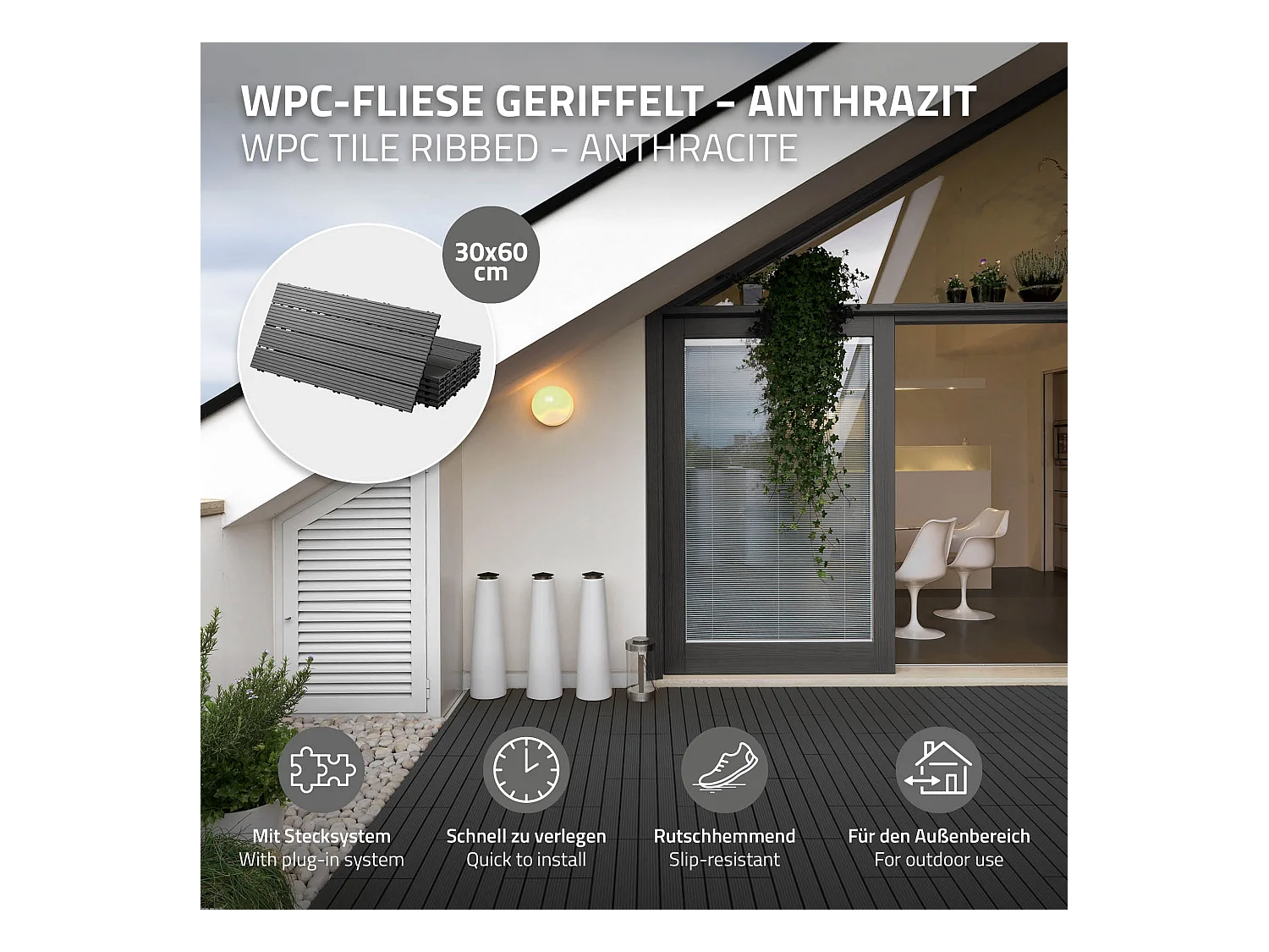 Baldosas de WPC para terrazas 60x30 cm - 30 piezas por 5m² ECD Germany